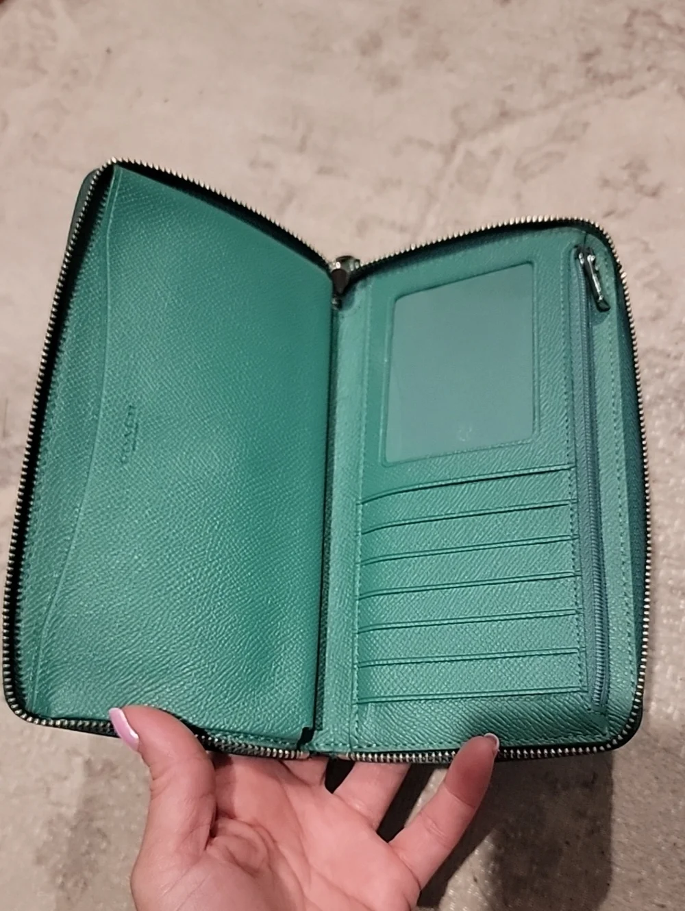 COACH Green Pebble Leather Zip Around Wallet With Wrist Strap
